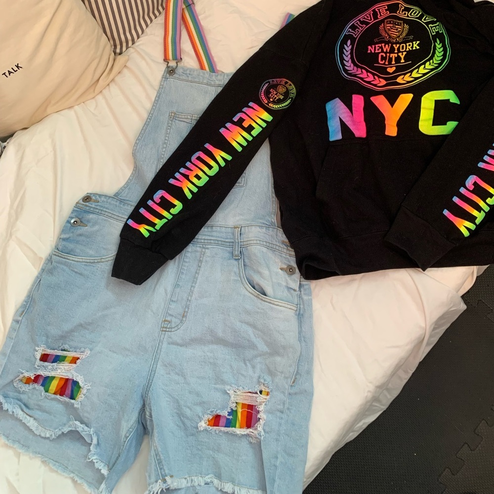 PRIDE BUNDLE!!! Jean overall shorts with rainbow suspenders & great hoodie!